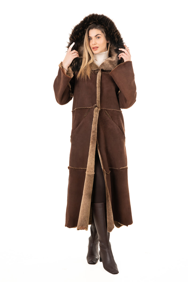 Women's Brown Sheepskin  Hooded Coat with Fur Details