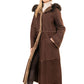 Women's Brown Sheepskin  Hooded Coat with Fur Details