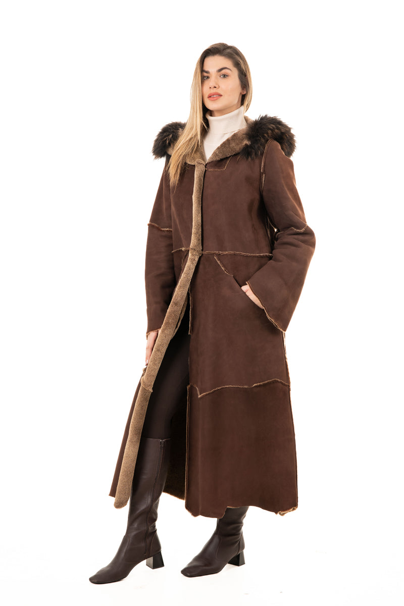 Women's Brown Sheepskin  Hooded Coat with Fur Details