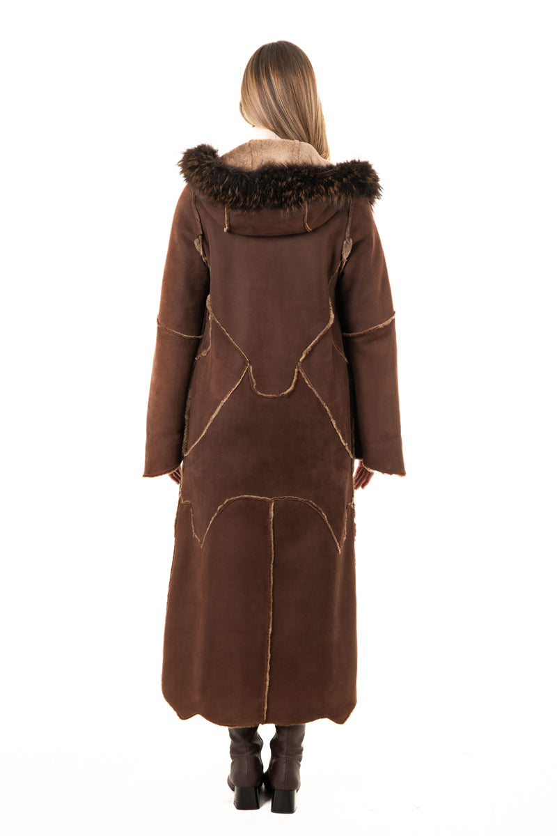 Women's Brown Sheepskin  Hooded Coat with Fur Details