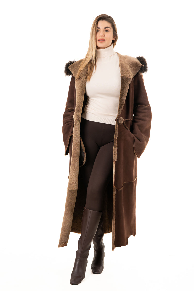 Women's Brown Sheepskin  Hooded Coat with Fur Details