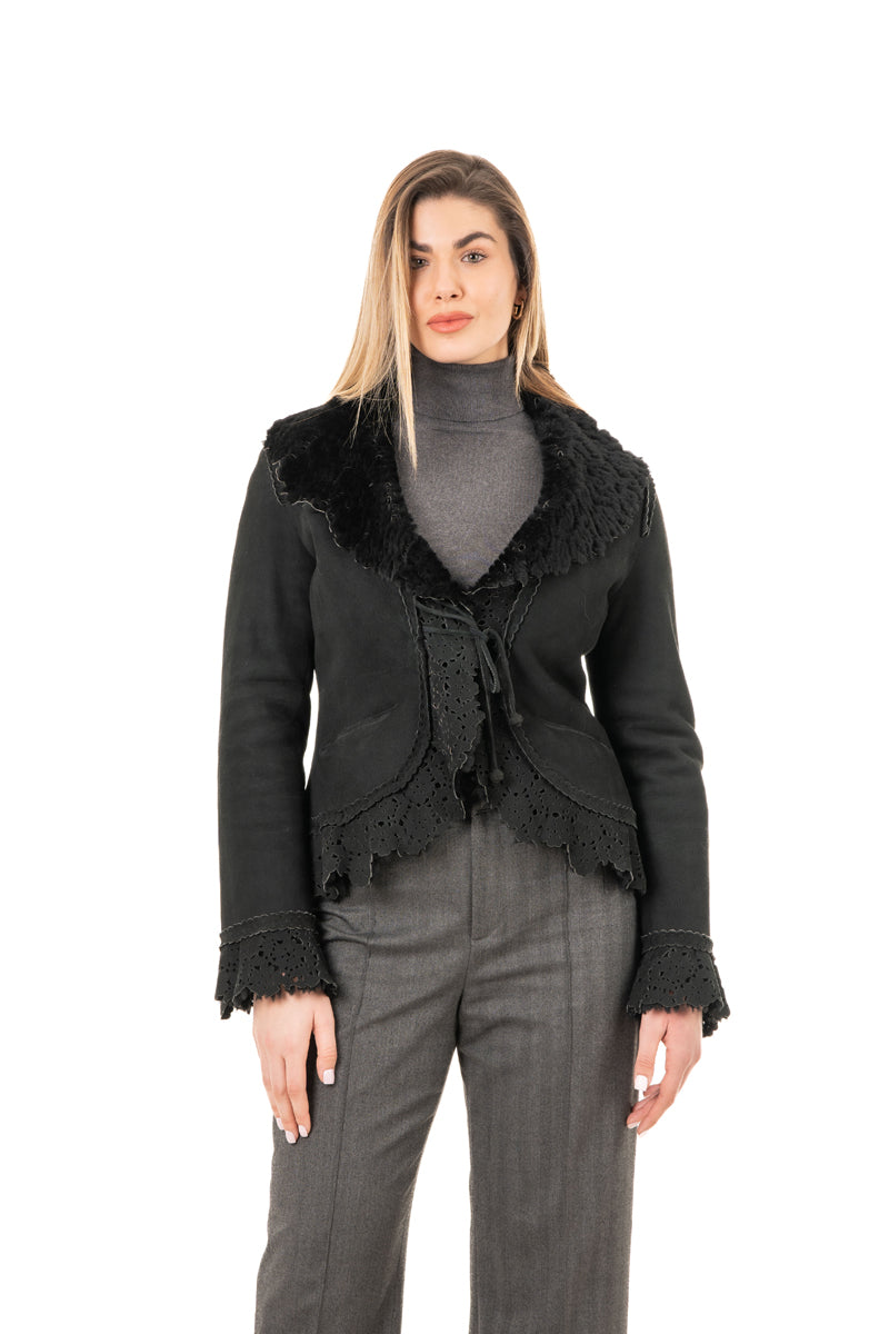 Women's Black Sheepskin Jacket with Lazer Cut Pattern