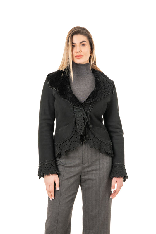Women's Black Sheepskin Jacket with Lazer Cut Pattern