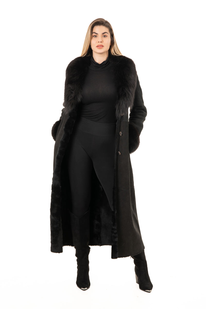 Women's Black Sheepskin Coat with Fur Collar