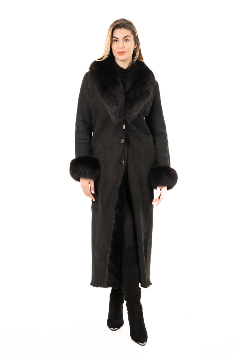Women's Black Sheepskin Coat with Fur Collar