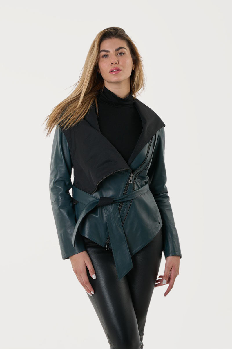 NAMI - Γυναικείο Ασύμετρο Δερμάτινο Χακί Μπουφάν με Κουκούλα