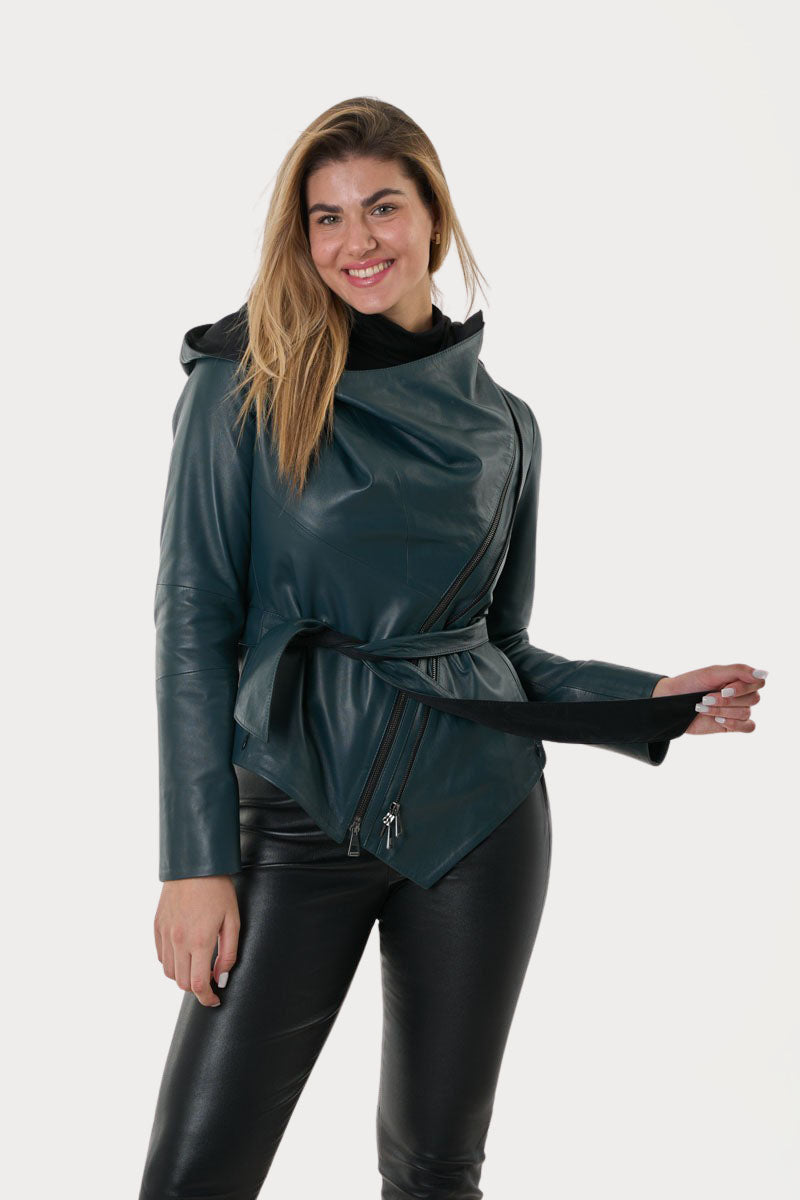 NAMI - Γυναικείο Ασύμετρο Δερμάτινο Χακί Μπουφάν με Κουκούλα