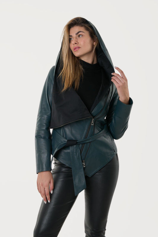 NAMI - Women's  Assymetrical Dark Greeen Hooded Leather Jacket