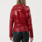 WOMAN wearing a red leather jacket  WITH HOOD