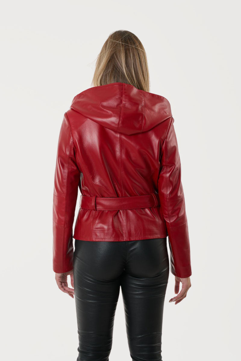 WOMAN wearing a red leather jacket  WITH HOOD