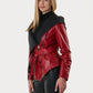 Woman wearing a red and black jacket on a white background