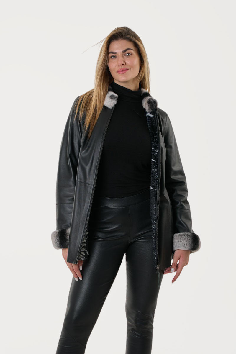 Γυναικείο  Ντουμπλ Φας Μακρύ Δερμάτινο Τζάκετ με Γούνινο Γιακά