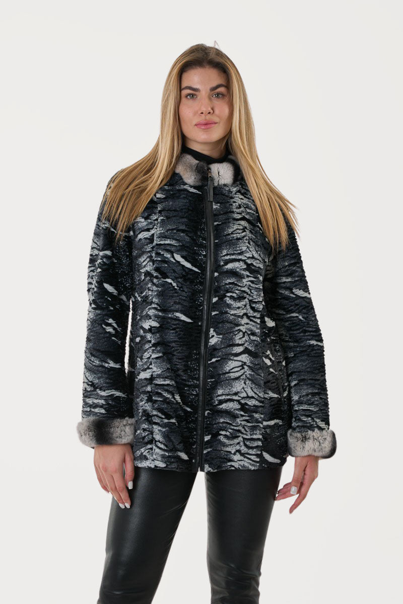 Γυναικείο  Ντουμπλ Φας Μακρύ Δερμάτινο Τζάκετ με Γούνινο Γιακά