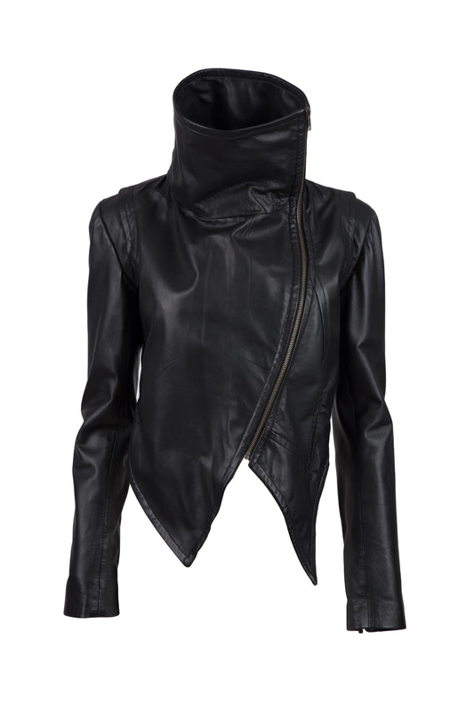 7774-Handmade Women's REAL SOFT short LEATHER jacket with urban high collar.