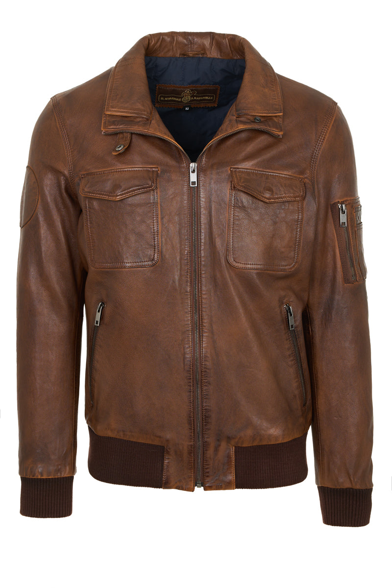 PHILIPE - Antique Brown Bomber Leather Jacket