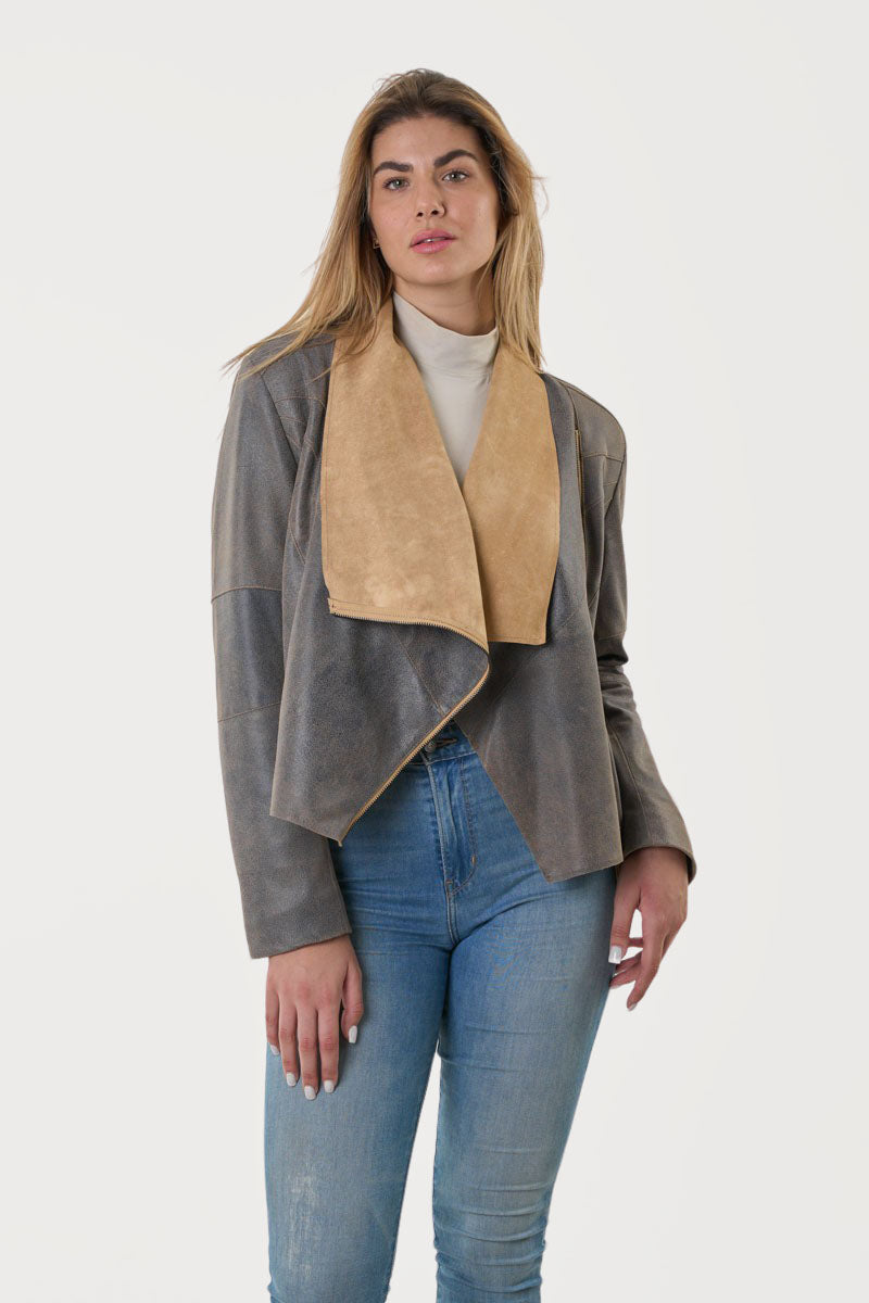 ROBIN- Handmade Assymetrical Leather Jacket in Denim Color