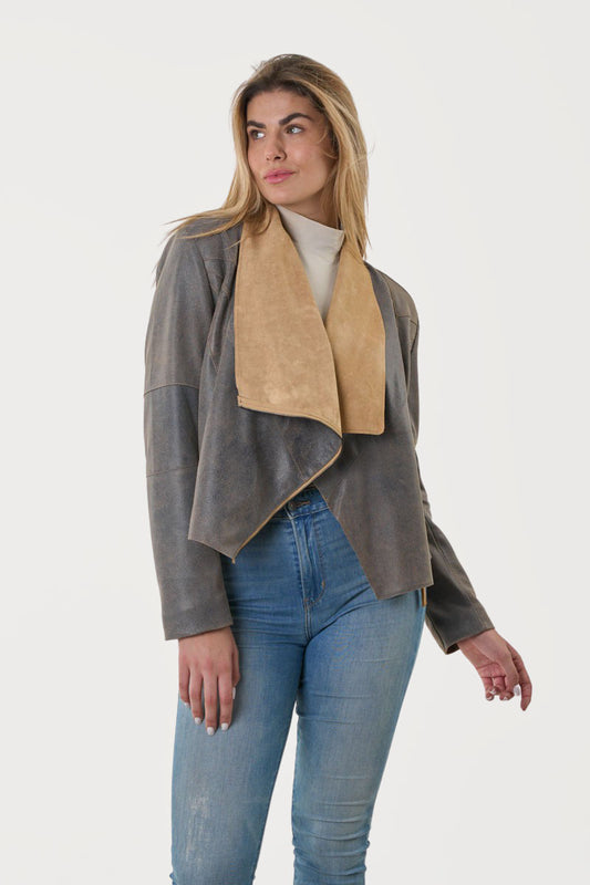 ROBIN- Handmade Assymetrical Leather Jacket in Denim Color