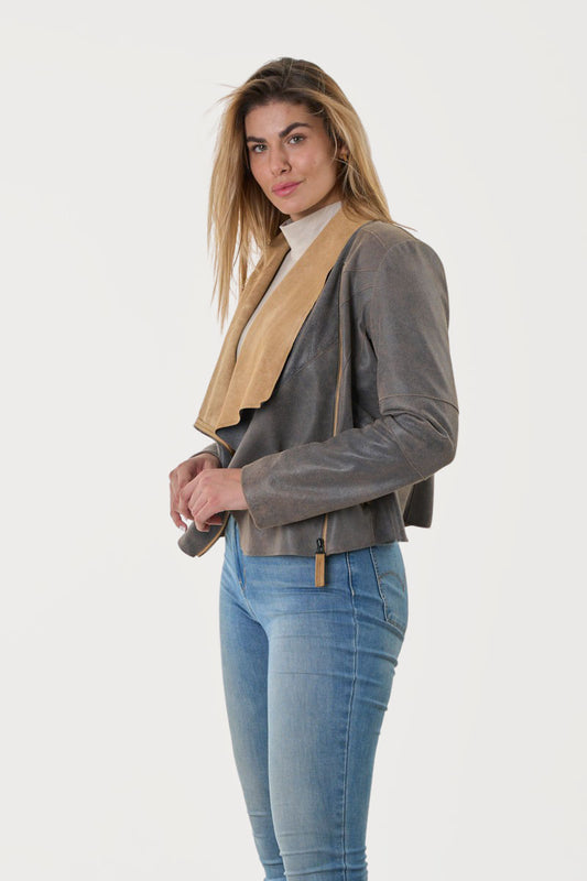 ROBIN- Handmade Assymetrical Leather Jacket in Denim Color