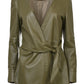 HOPE-women’s olive green leather jacket, handmade nappa lamb leather, V-neck collar, cross button closure with belt, front view