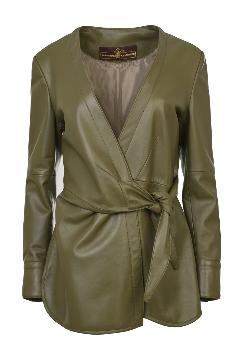 HOPE-women’s olive green leather jacket, handmade nappa lamb leather, V-neck collar, cross button closure with belt, front view