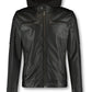 JASON-Black leather jacket with detachable  hood.