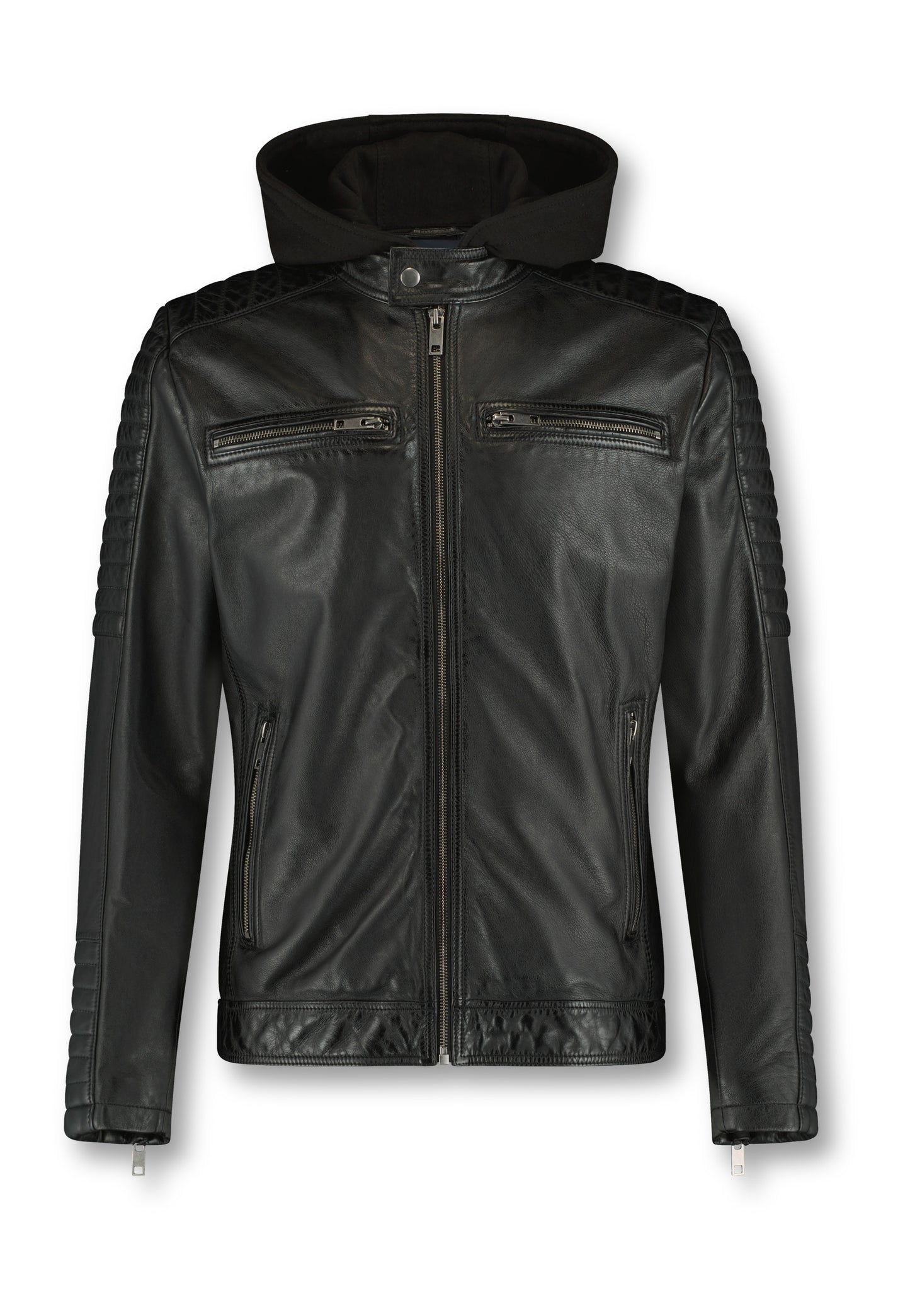 JASON-Black leather jacket with detachable  hood.