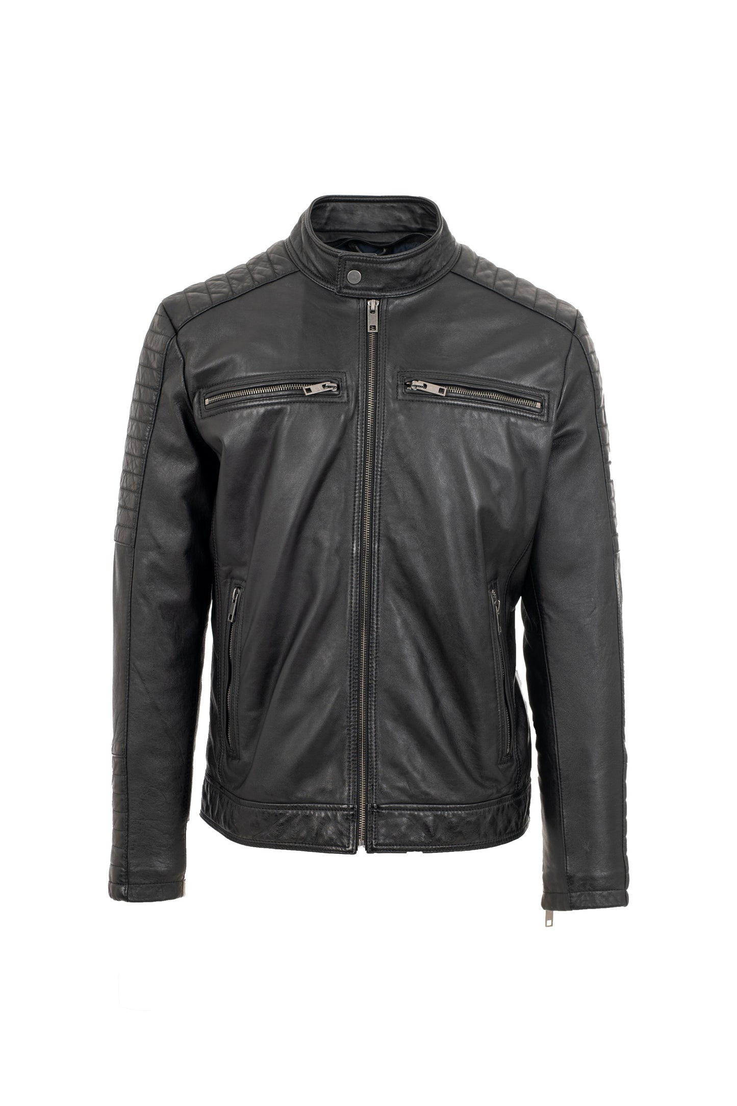 JASON-Black leather jacket with detachable  hood.