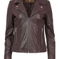Kendal handmade women’s burgundy biker leather jacket,  notched lapel collar, side zip pockets, viscose lining, front view