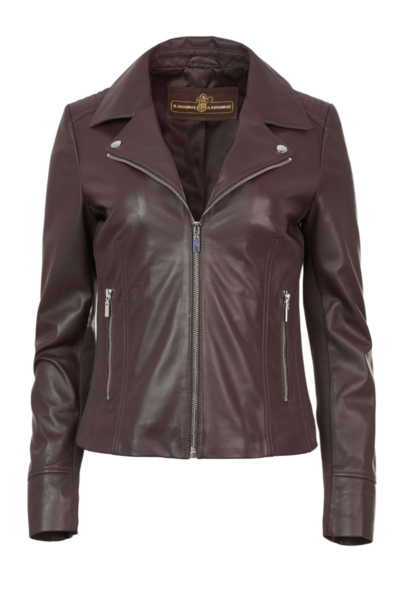 Kendal handmade women’s burgundy biker leather jacket,  notched lapel collar, side zip pockets, viscose lining, front view