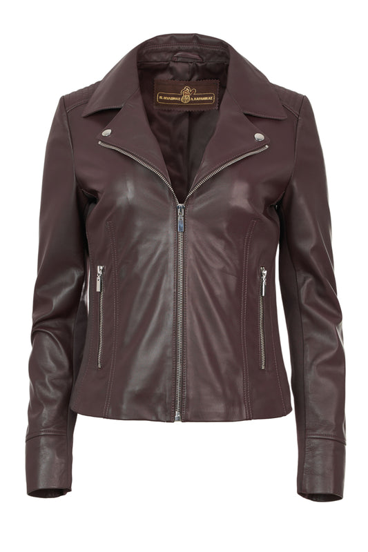 Kendal handmade women’s burgundy biker leather jacket,  notched lapel collar, side zip pockets, viscose lining, front view