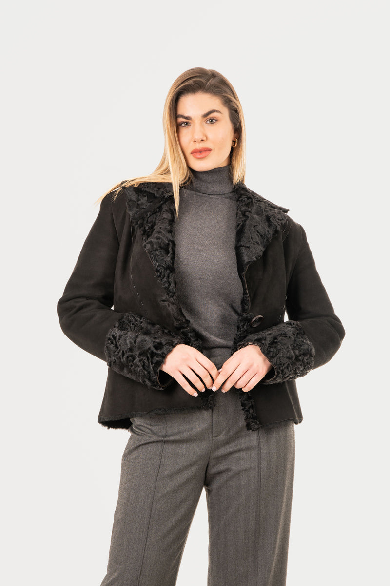 3080 -Women's Black Sheepskin Jacket with Astrakan Details