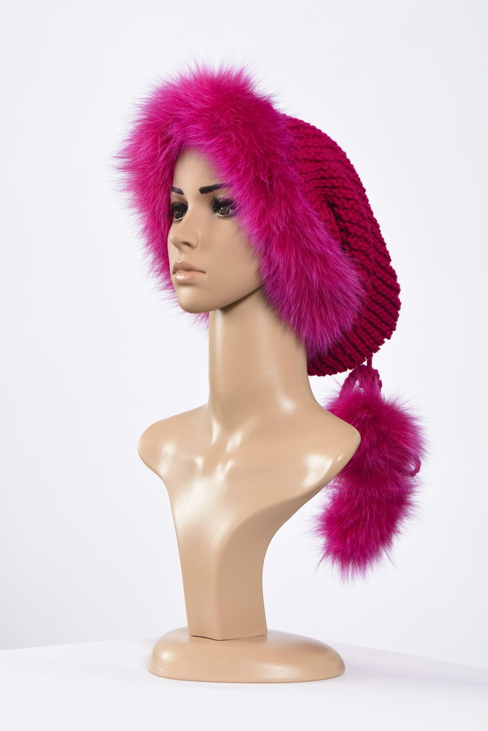 Handmade knitting  collar  and hat with fur and fluffy fox  pompoms