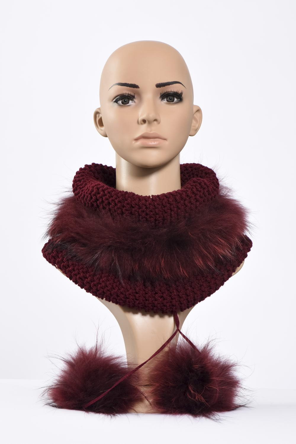 Handmade knitting  collar  and hat with fur and fluffy fox  pompoms