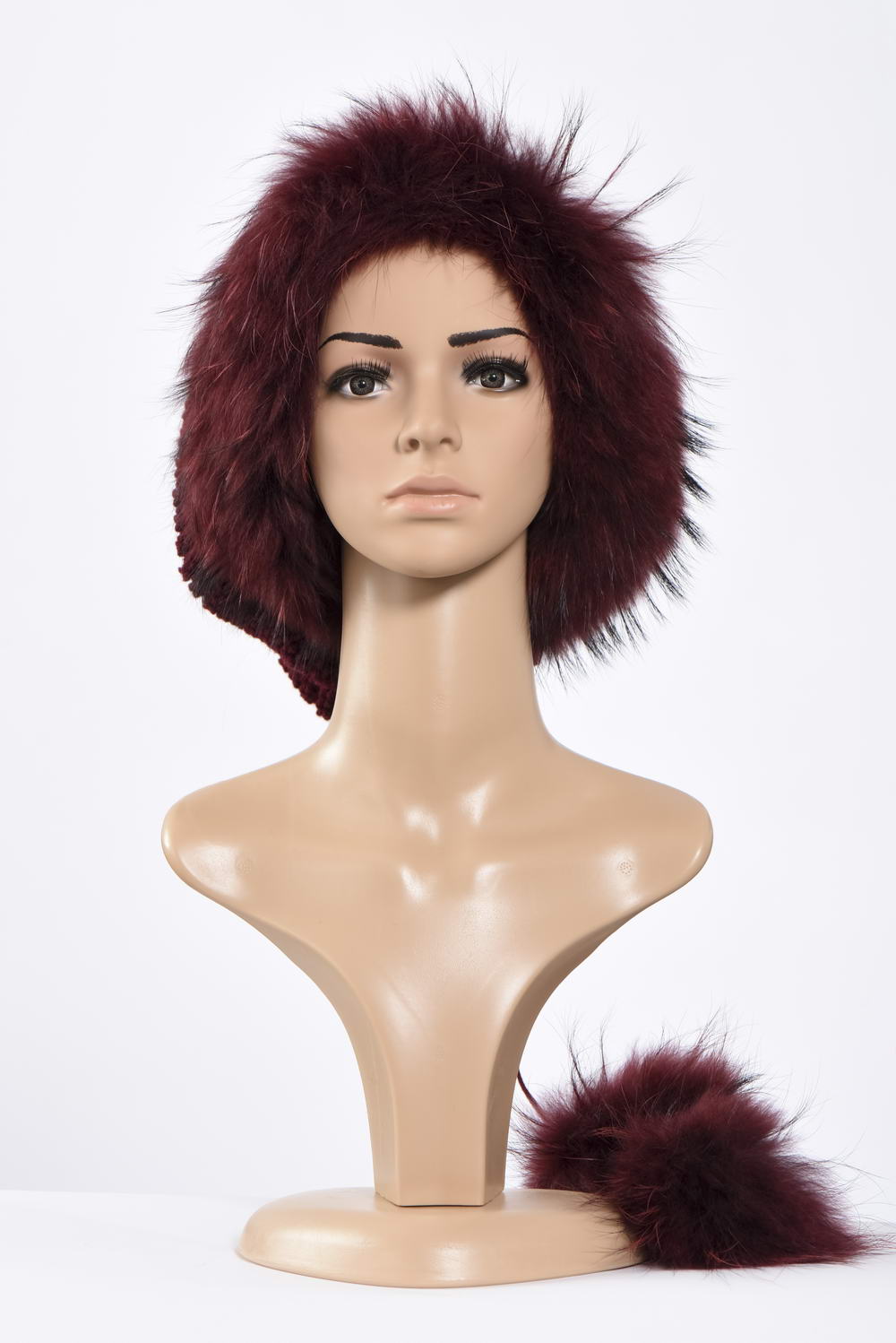 Handmade knitting  collar  and hat with fur and fluffy fox  pompoms