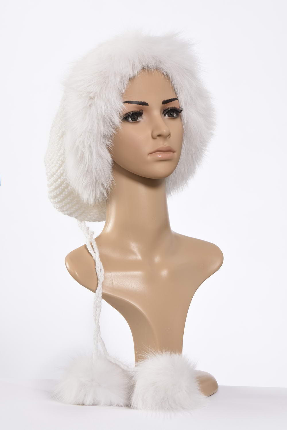 Handmade knitting  collar  and hat with fur and fluffy fox  pompoms