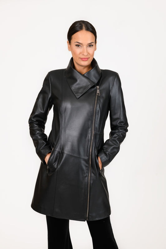 PANDORA - Women's real Soft Leather Trench  Coat with urban collar.