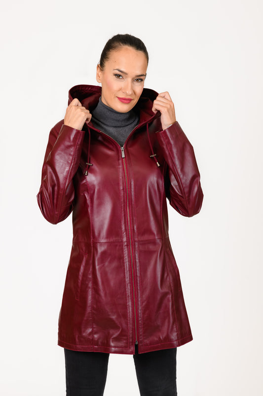 TRISS - Women's burgundy  LEATHER Trench with hood. Handmade Nappa lamb leather long jacket 82cm.