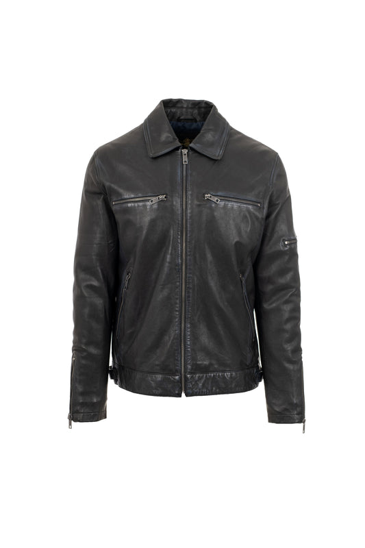 Meinard men’s black leather jacket, slim fit, shirt collar, multiple zip pockets, front view
