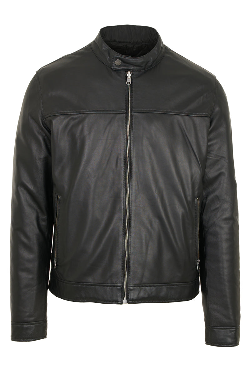 Men’s black reversible leather jacket, slim fit, one side nappa lamb leather, other side quilted fabric, front view