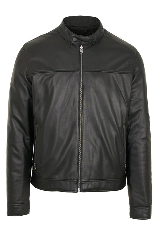 Men’s black reversible leather jacket, slim fit, one side nappa lamb leather, other side quilted fabric, front view