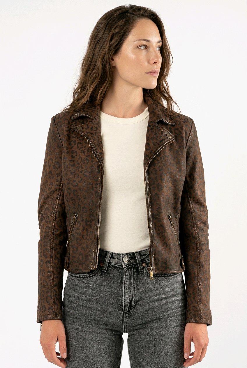 NYXA- Printed Leather Jacket in Cognac Color