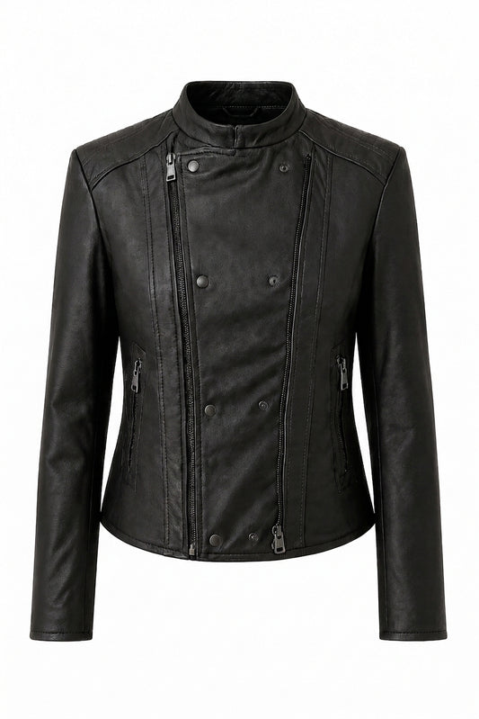 PHOEBE- Black Short Biker Leather Jacket