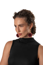 Stainless steel Hoop Earrings with plum fur pompom.