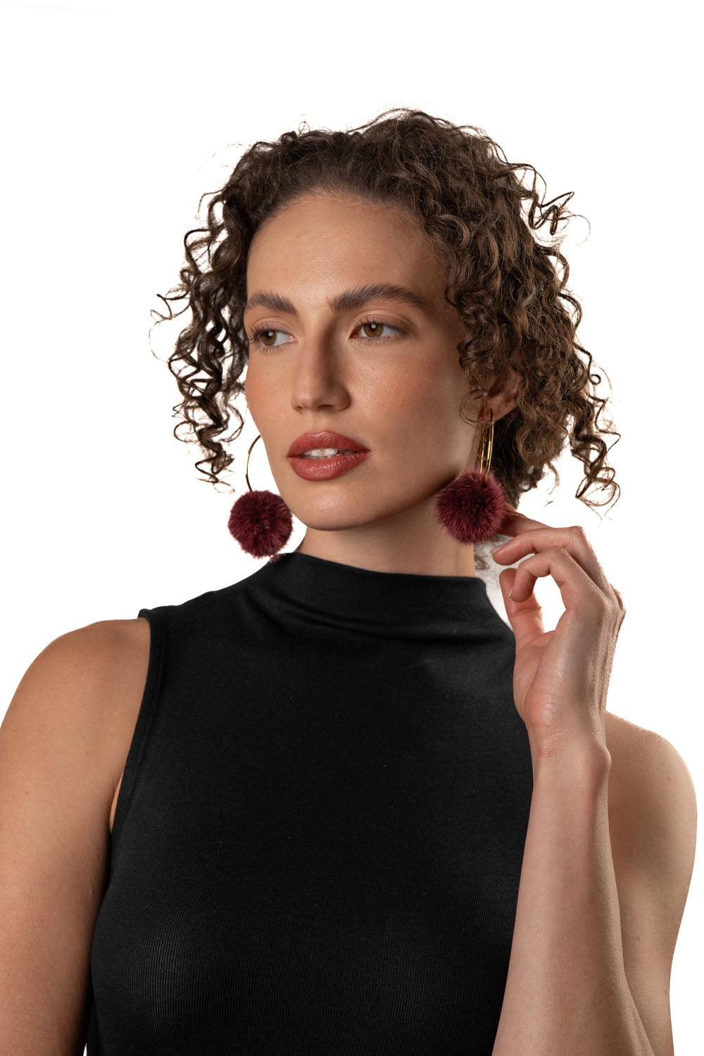 Σκουλαρίκια κρίκοι από Ανοξείδωτο Ατσάλι και Γούνινα δαμασκηνί Μινκ Πομπομ