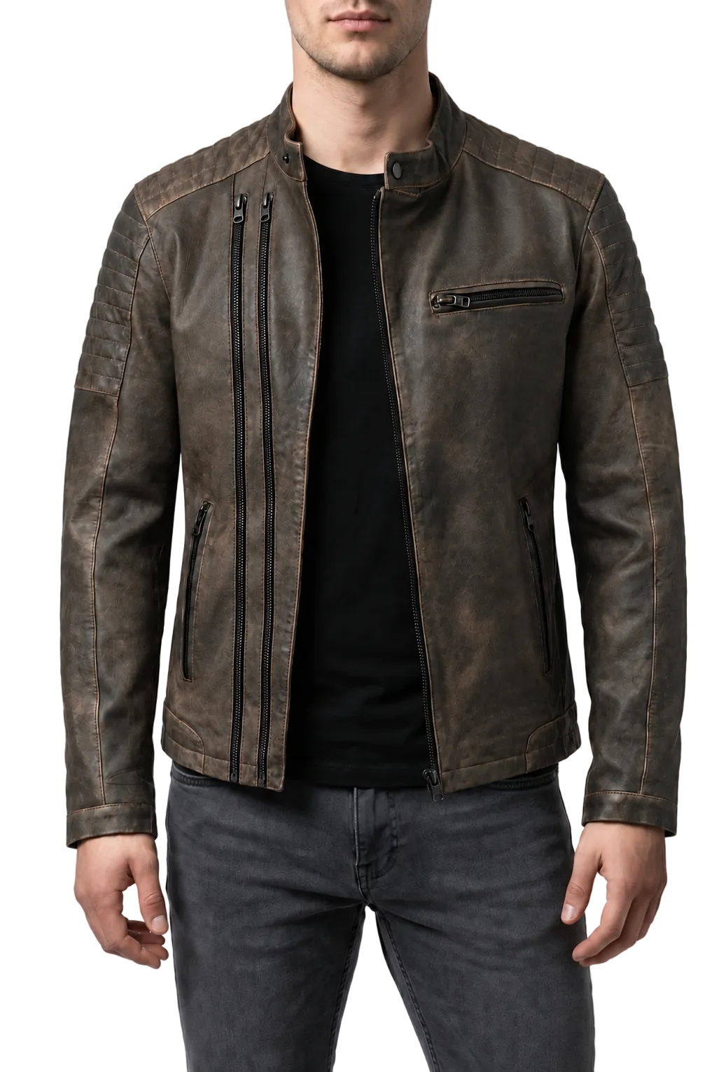 STONE -  Ανδρικό Biker zstone Δερμάτινο Μπουφάν