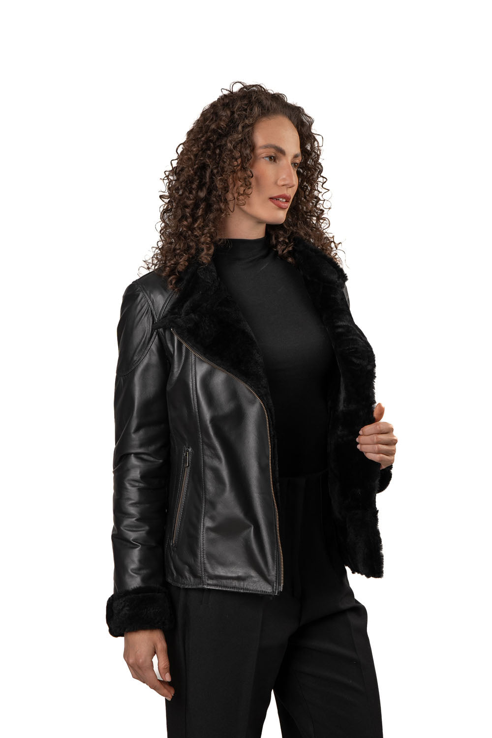 SUNDAY - Women's Biker Leather Jacket with Sheepskin Insulation
