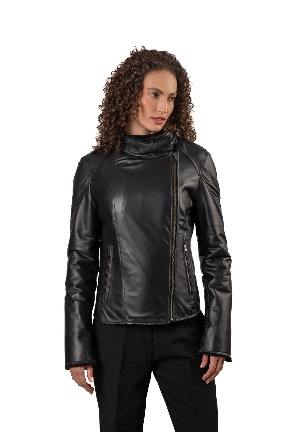 SUNDAY - Women's Biker Leather Jacket with Sheepskin Insulation