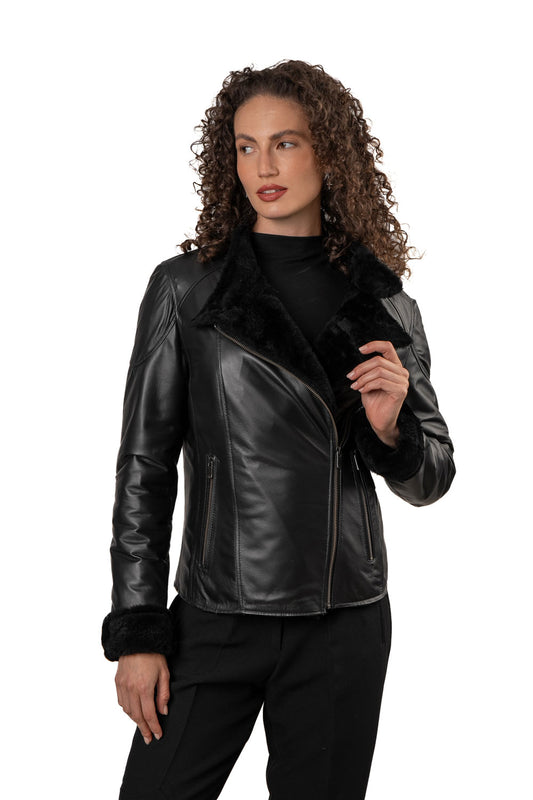 SUNDAY - Women's Biker Leather Jacket with Sheepskin Insulation