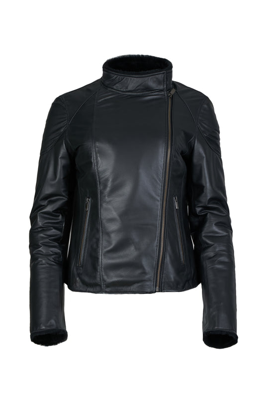 SUNDAY - Women's Biker Leather Jacket with Sheepskin Insulation