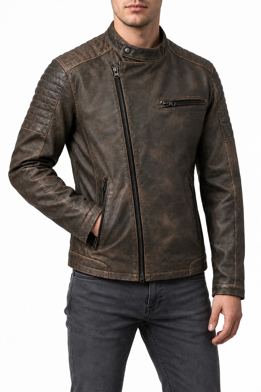 STONE -  Ανδρικό Biker zstone Δερμάτινο Μπουφάν